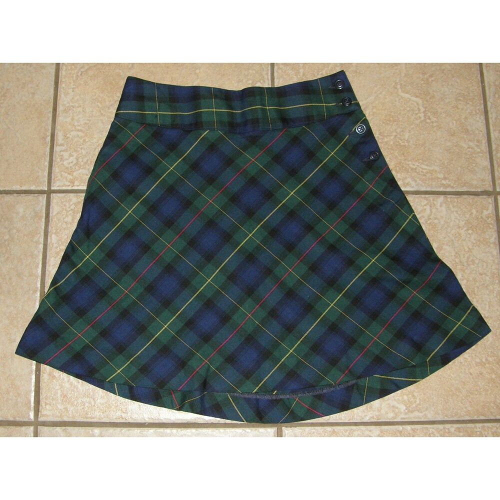 LANDS END Girls Sz 14 Church or School Green Plaid A-Line Skirt Side Pocket